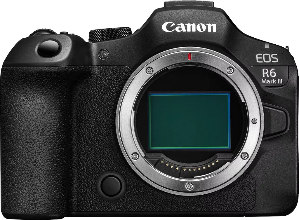 Appareil photo Canon EOS, vue de face sur fond blanc