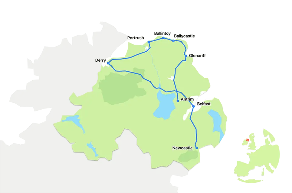 carte du parcours de voyage prévu en Irlande du Nord